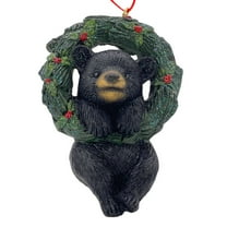Galt International Bear Cub on Wreath Glitter Christmas Figurine Ornament - 4.5" - Black and Green