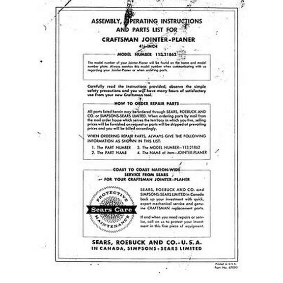 Instruction Manual ONLY for 1960s Craftsman 113.21862 4-1/8" Jointer-Planer Instructions REPRINT