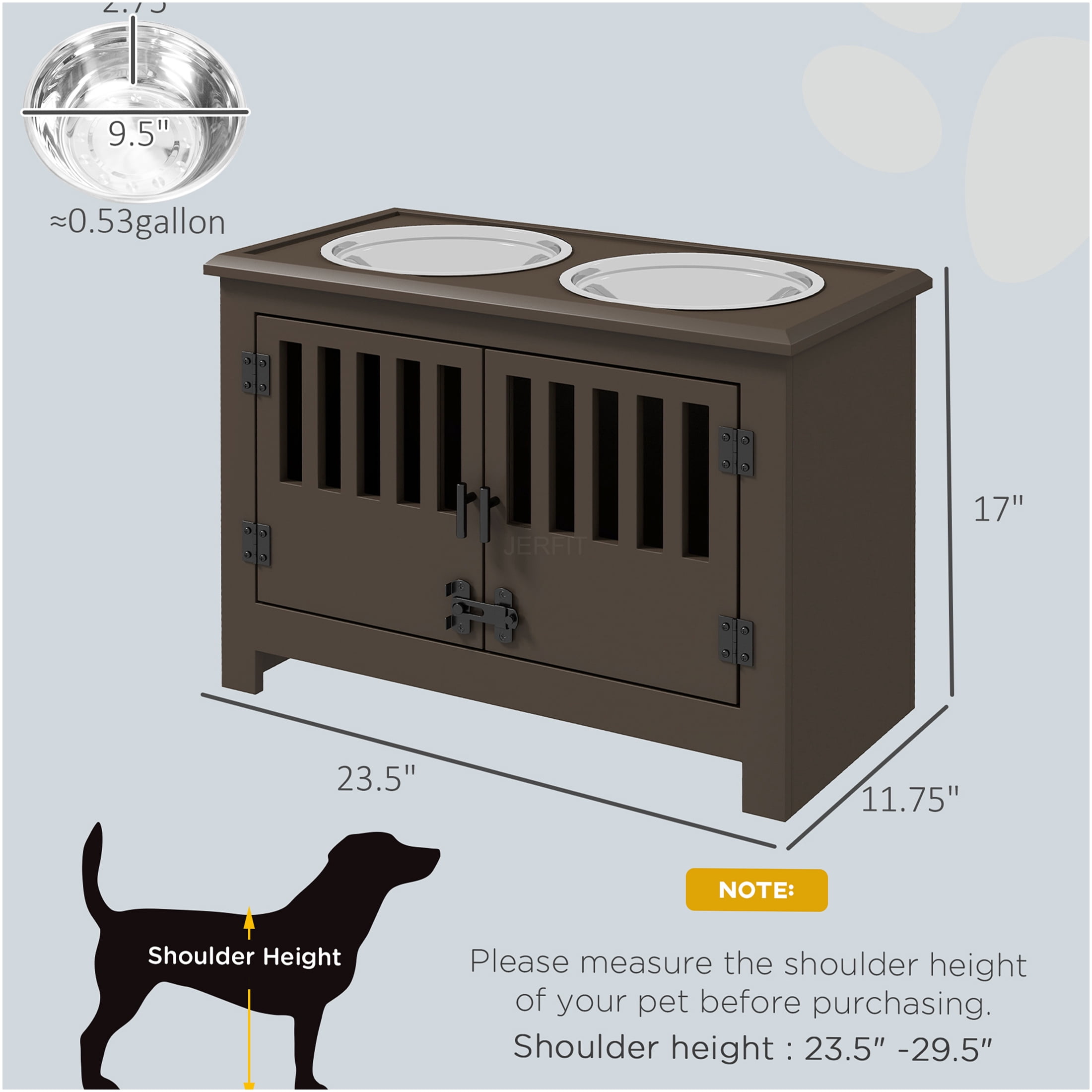 JERFIT Elevated Dog Feeder with Storage Cabinet, 37L Pet Food Organizer Stand with 2 Stainless Steel Bowls for Large Dogs, Espresso