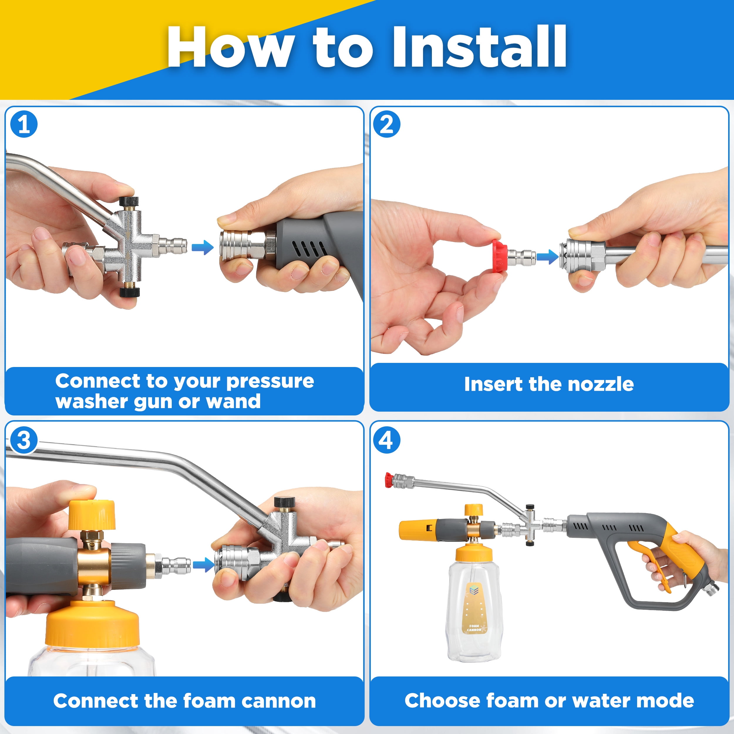 Pressure Washer Foam Cannon Gun Kit with Dual Connector Accessory, Foam Blaster for Car Washing, Double Tip Attachment & 5 Nozzle Tips, 1/4" Quick Connect, 4000 PSI