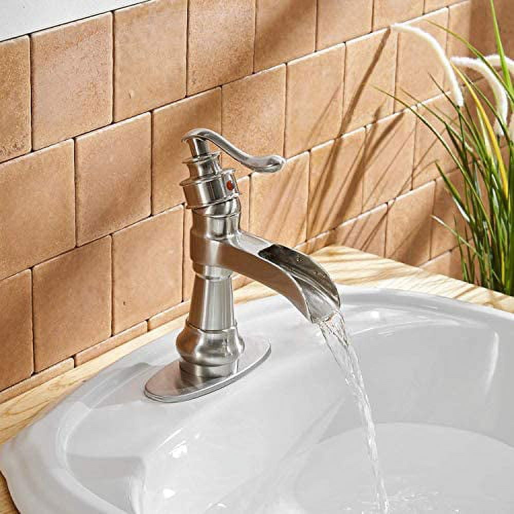 BWE Brushed Nickel Bathroom Faucet Waterfall Farmhouse Sink Mixer Tap Deck Mounted Single-Handle with Drain Assembly and Supply Hose Lead-Free Lavatory