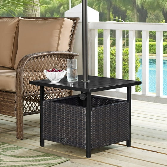 Ulax Furniture Patio Pe Wicker Umbrella Side Table Stand Outdoor Bistro Table With Umbrella Hole