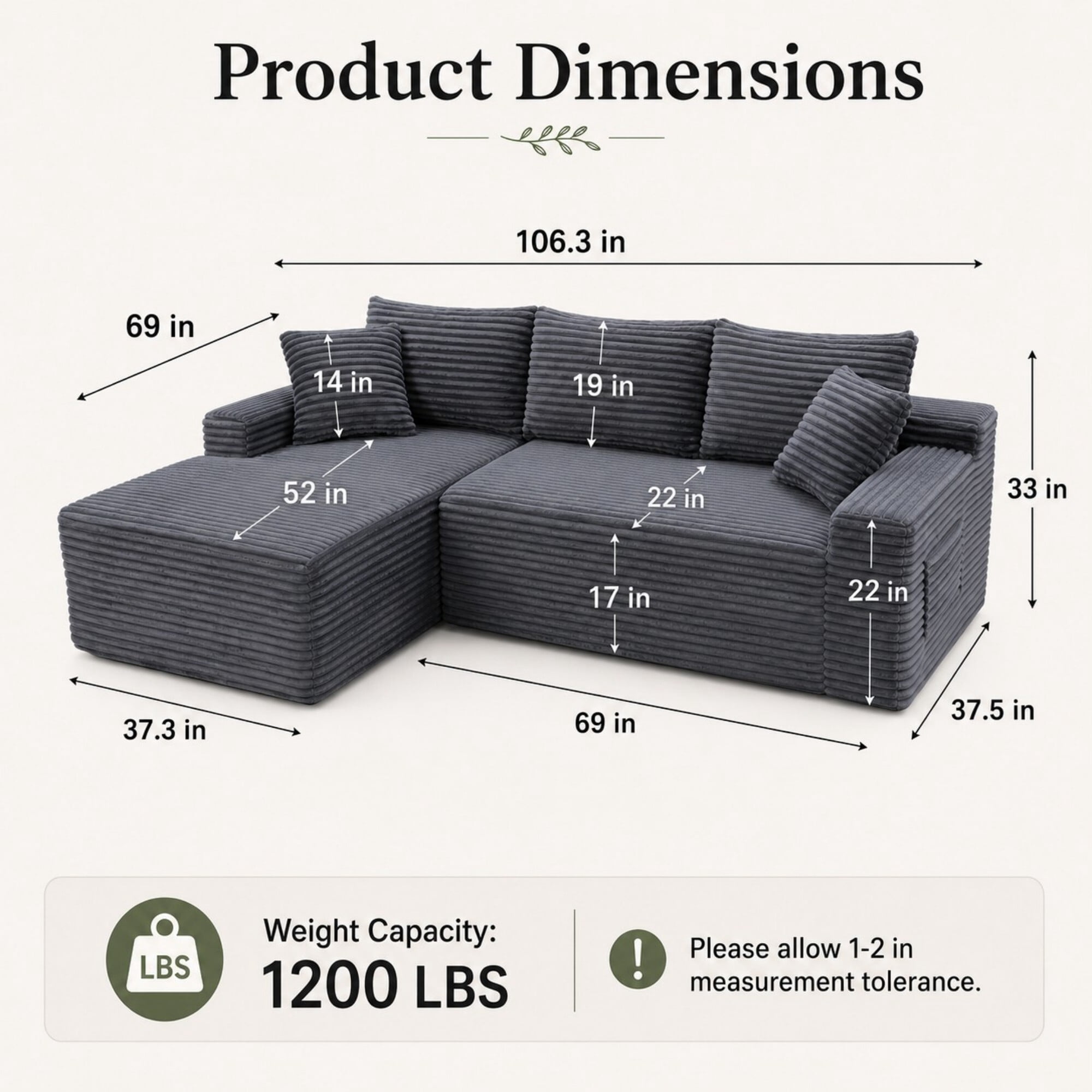 DEALTOPS 106 Inch Modular Corduroy Sectional Sofa with Left Chaise, No Assembly Required, Gray