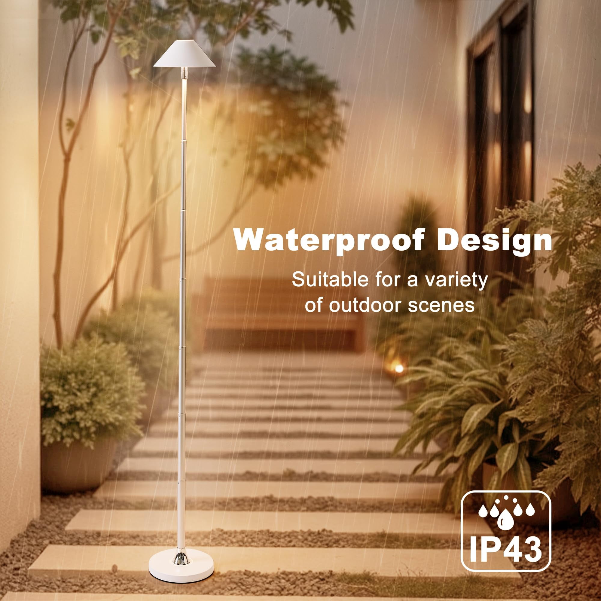 Floor Lamp for Indoor/Outdoor, Cordless Tall Standing Lamp with 3 Color Temps & Dimmable, IP43 Waterproof, Adjustable Height 16-59 Inch, LED Floor Lamp for Living Room, Patio(Black)