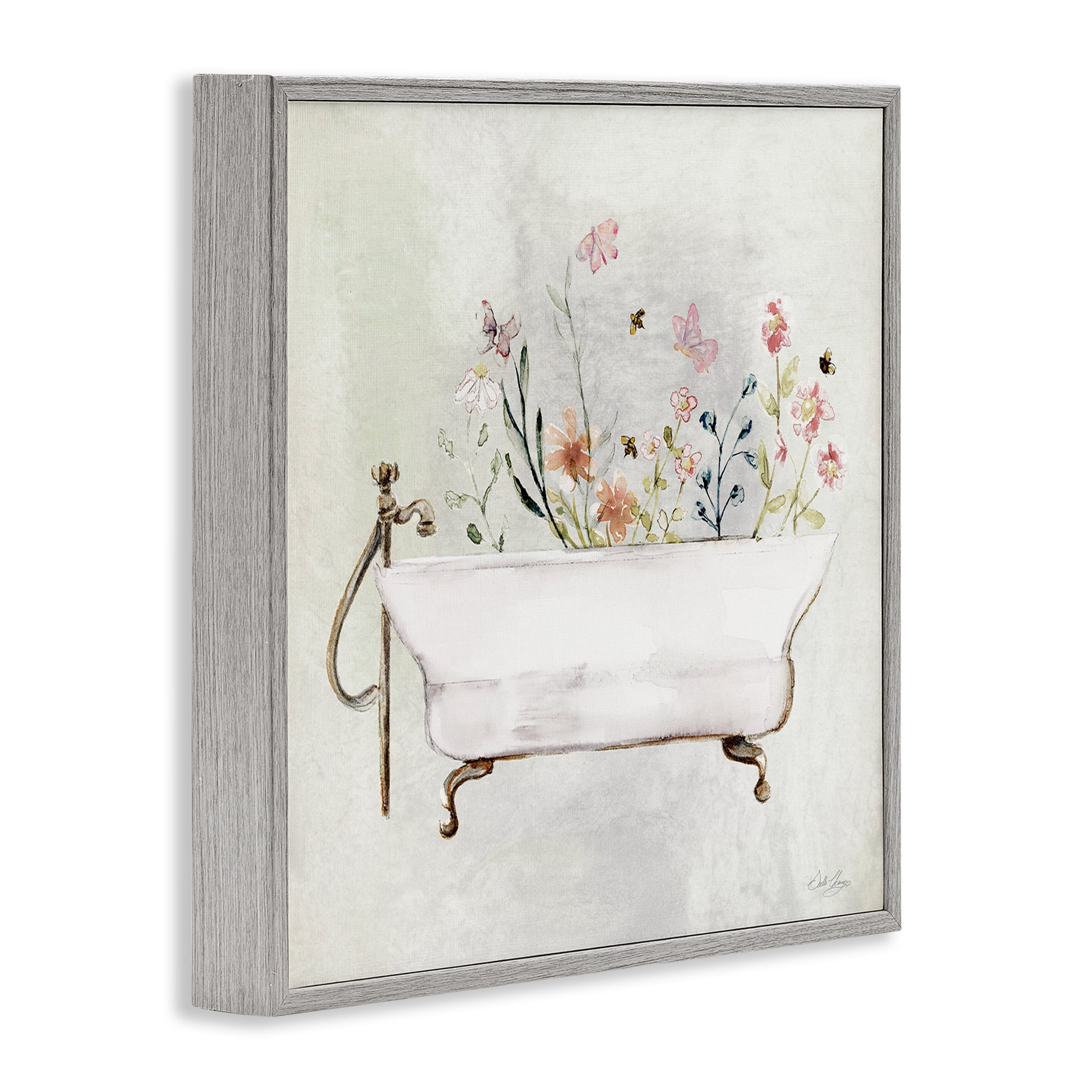 Stupell Industries Butterfly Floral Tub Typography Painting Gray Framed Art Print Wall Art, 24 x 24