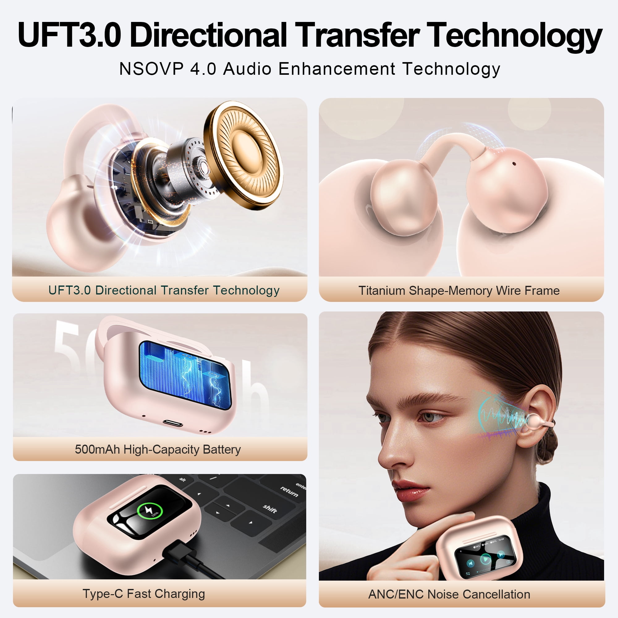 Open-Ear Headphones, Wireless Clip On Earbuds with Touch Screen Charging Case 60H Playtime, Bluetooth 6.0, IPX7 Waterproof, Lightweight Comfort, Stable Fit, Open-Ear Safety Design for Workout/Running