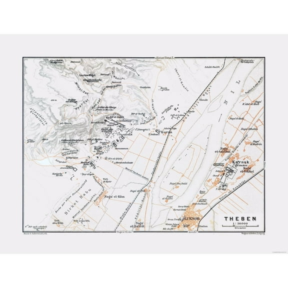 Historic Map - Thebes Egypt - Baedeker 1913 - 30.15 x 23 - Vintage Wall Art
