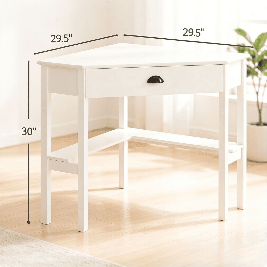 Triangle Corner Vanity Desk, P2 MDF Space Saving Dressing Table with Drawer & Open Storage Shelves, Multi-Functional Corner Computer Writing Table for Bedroom Living Room Apartment