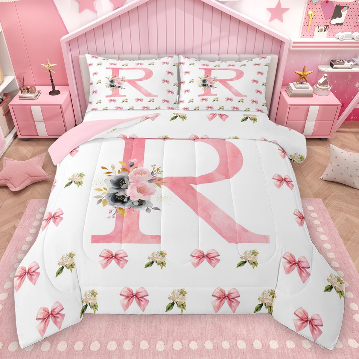 Homewish Initial Letter R Full Size Comforter Sets Cute Bow Ribbon Bedding Comforter Set Cute Flower Floral Bedding Sets For Girl Breathable Bedroom Decoration Reversible 3pcs