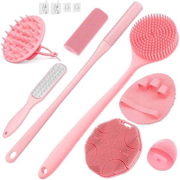 wonima11 Silicone Back Scrubber & Soft Shower Brush, Silicone Scalp Massager, Toe Cleaning Brush Set 8 PCS, Body Foot Scrubber & Shampoo Brush Combination, with 4 Free Hooks (Style 1 Pink)