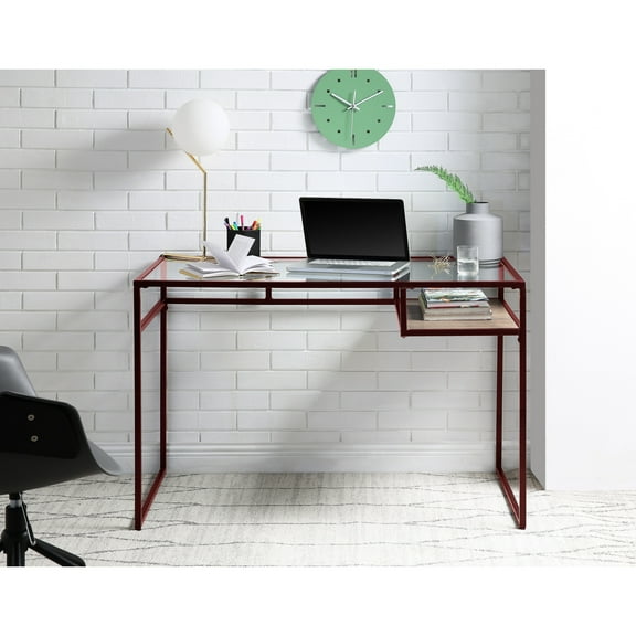 5mm Glass Top Desk With Red Finish And Metal Frame Storage Compartment Rectangular Writing Shelf