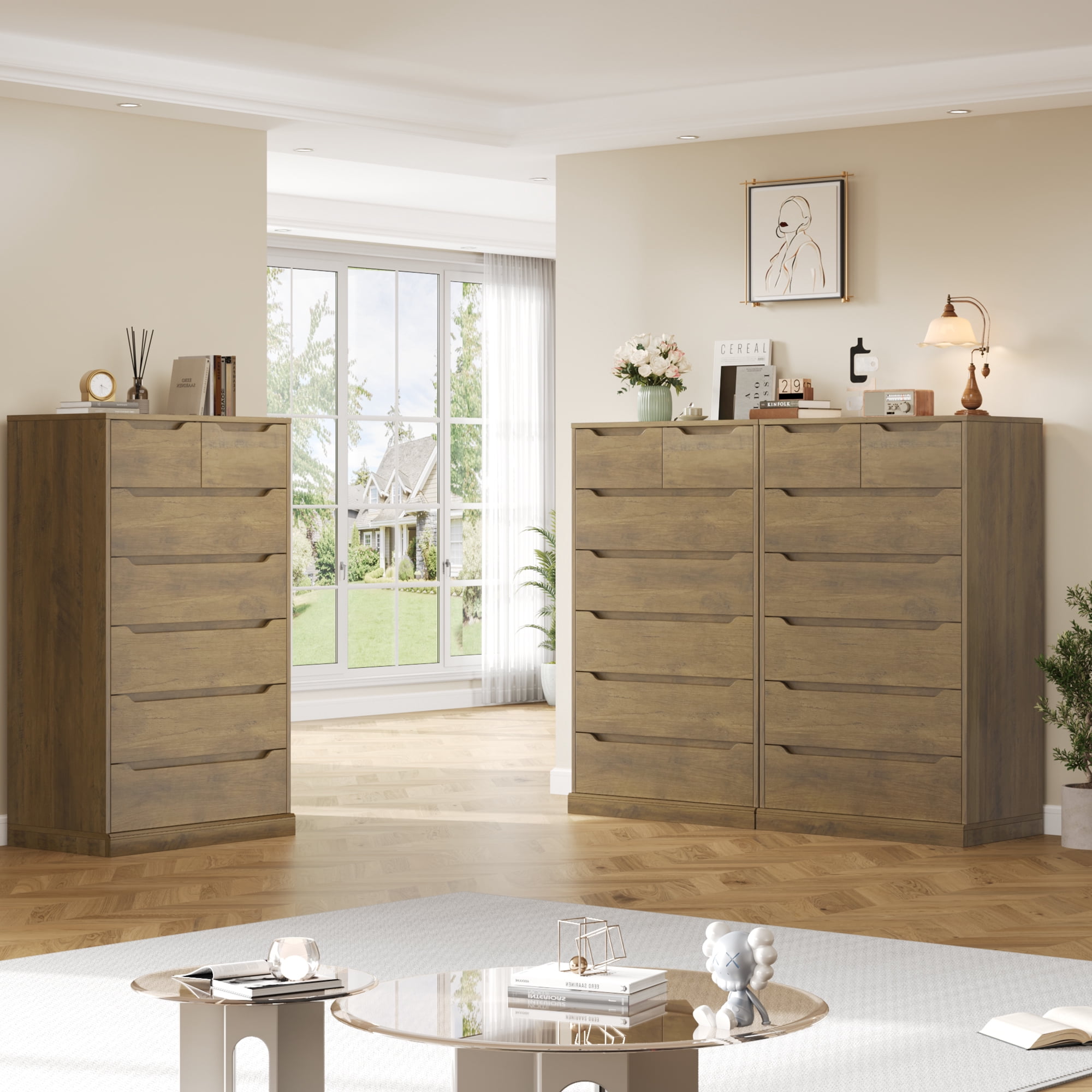 Homfa Vertical 7 Drawer Dresser, 51.3 in Tall Wood Storage Cabinet with Upgraded Stable Base for Bedroom Living Room, Rustic Brown