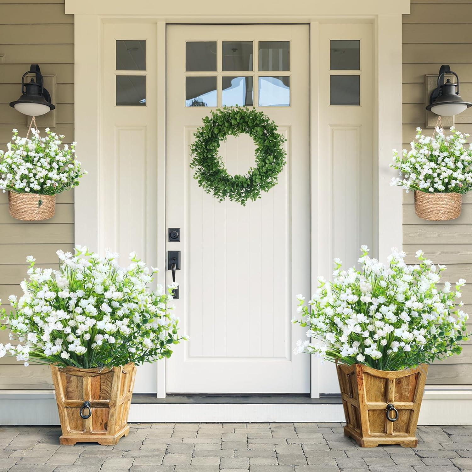 Artificial Flowers for Outdoors 24 Bundles UV Resistant Boxwood Shrubs Artificial Eucalyptus Fake Plants Faux Plastic Greenery for Farmhouse Garden Home Indoor Outdoor Decoration（White）