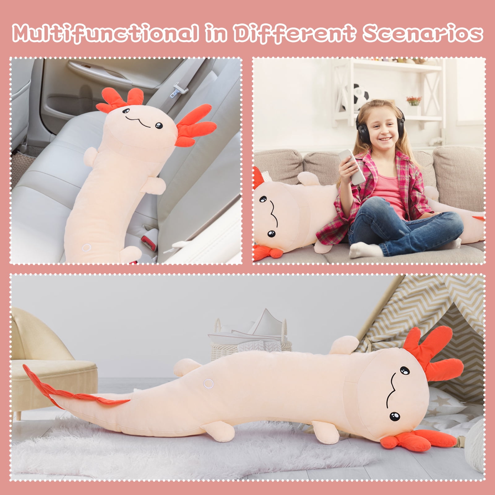 Phantasim Pink Axolotl Stuffed Animal for Easter Girls 48 inch Glow-in-Dark Plush Toy Body Pillow for Adults Kids , 4ft Large Stuffed Salamander Axolotl Lovers Gifts Christmas Valentines