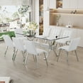 thumbnail image 3 of Glass Dining Table Set for 8, Table and Chair Set with 1 Table and 8 Chairs, Modern Rectangular Table with Silver Metal Legs and MDF White Crossbar, White Checkered Armless High Back Dining Chairs, 3 of 9