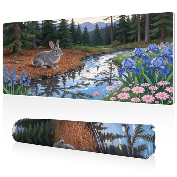 LIVEKEY Extra Large Mouse Pad Grey Rabbit in Mountain Forest with Stream and Flowers 80x40x0.3cm Full Desk Coverage Non Slip Durable Easy Clean Stitched Edges for Gaming and Office