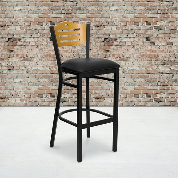 BizChair Black Slat Back Metal Restaurant Barstool - Natural Wood Back, Black Vinyl Seat