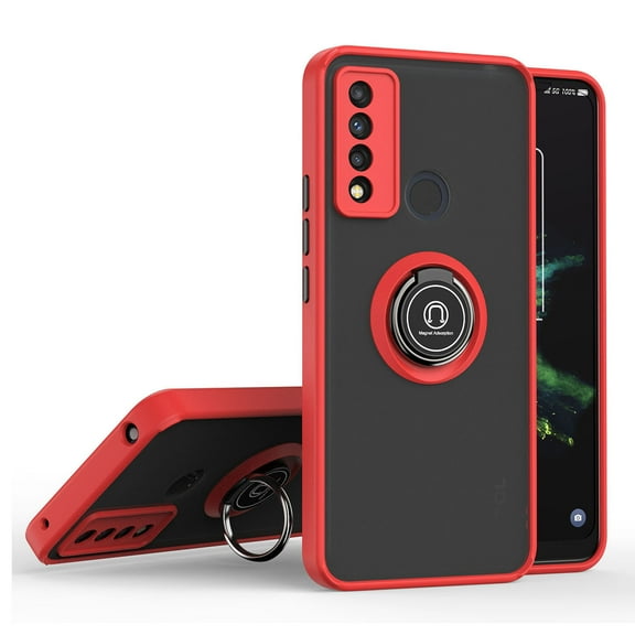 TJS Compatible with TCL 20 XE Case, 360 Degrees Rotating Metal Ring Magnetic Support Kickstand Cover (Red)