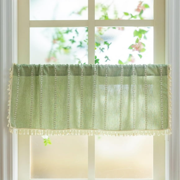 Cortina Sutuo Home Boho con borlas de lino, 132 x 46 cm, color salvia