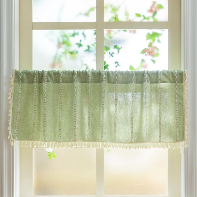 Cortina Sutuo Home Boho con borlas de lino, 132 x 46 cm, color salvia
