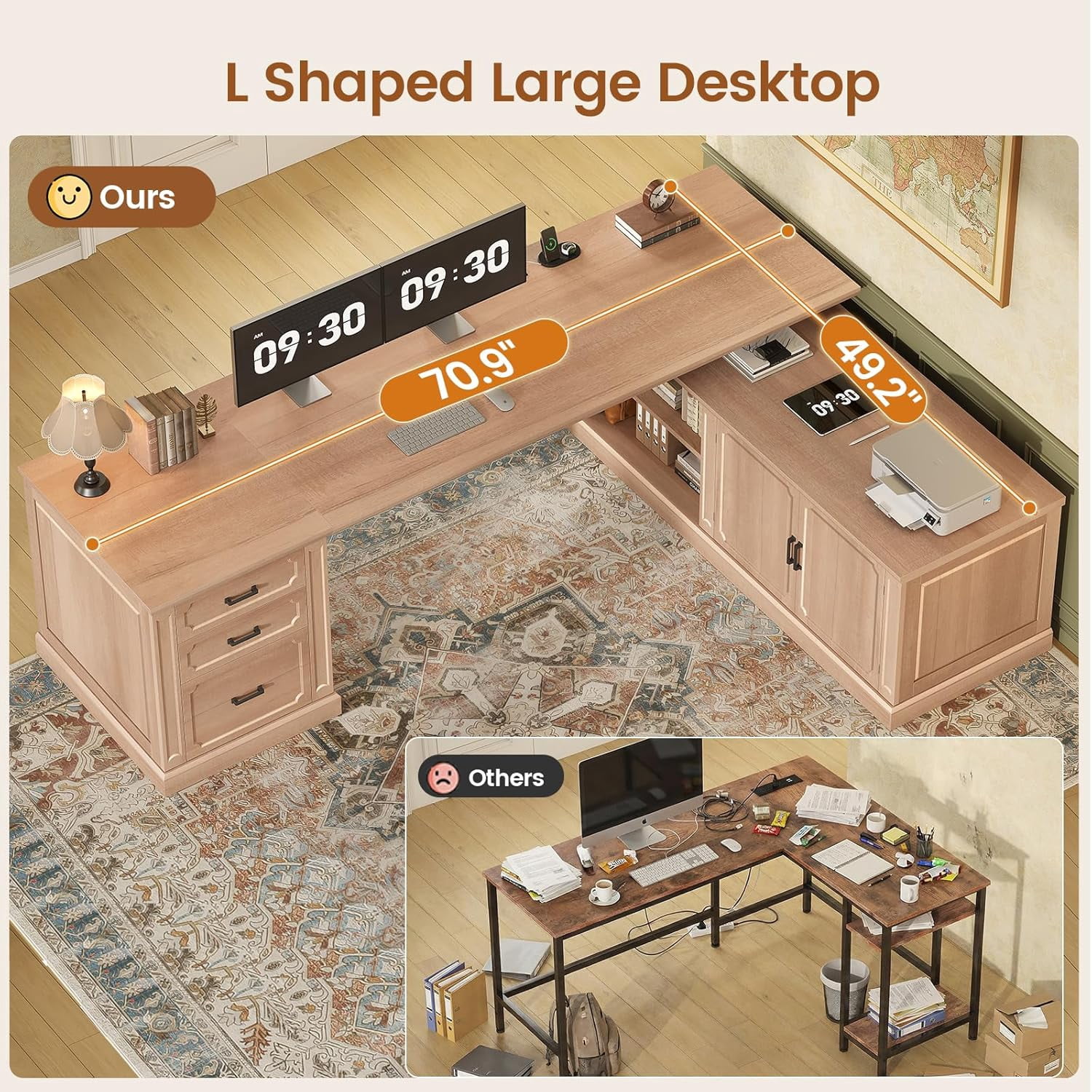 SEDETA Farmhouse L Shaped Desk with Storage, 70.9" Home Office Desk with Storage Cabinet and Storage Shelves, L Shaped Computer Desk with Power Outlet for Bedroom, Office, Oak