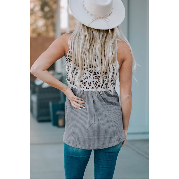 ABPHQTO Camiseta sin mangas fruncida fluida con empalme de leopardo para mujer