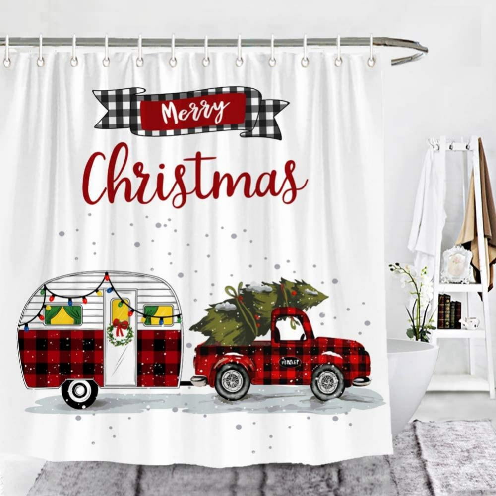 Red christmas truck Shower Curtain Bathroom Decor Fabric & 12hooks 71x71inch 