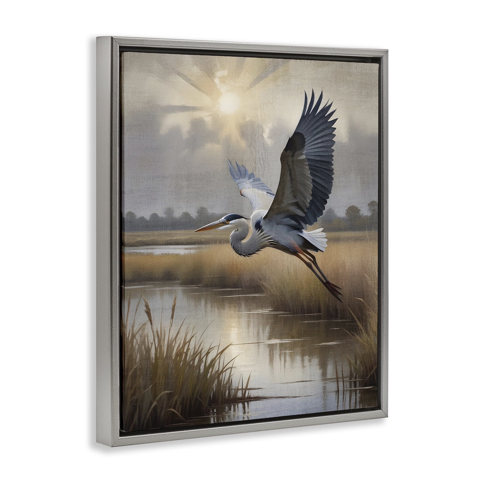 Stupell Industries Heron Flight over Wetlands Gray Framed Floater Canvas Wall Art, design by Susan Arnot