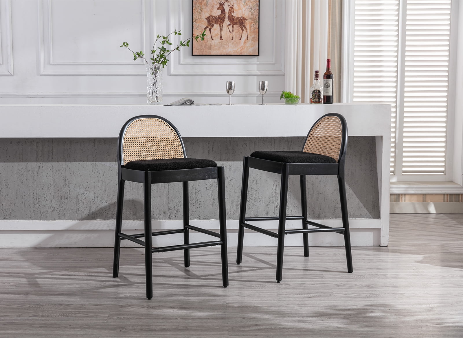 Guyou Modern Bar Stools Set of 2, 30" Counter Height Bar Stools with Natural Rattan Back and Solid Wood Frame, Sherpa Upholstered Kitchen Island Chairs for Bar Island Cafe Kitchen, Black