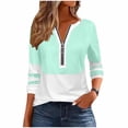 thumbnail image 2 of thefmos Women Plus Size V Neck 3/4 Sleeve Zipper Color Block Pullover Tops for Fall Winter Cute Trendy Casual Basic Tshirt Solid Comfy Blouses Everyday Business Work Clothes, Mint Green L, 2 of 6