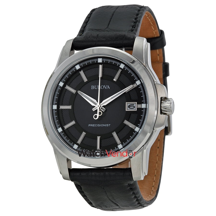 Bulova Precisionist Grey Dial Black Leather Men's Watch 96B158