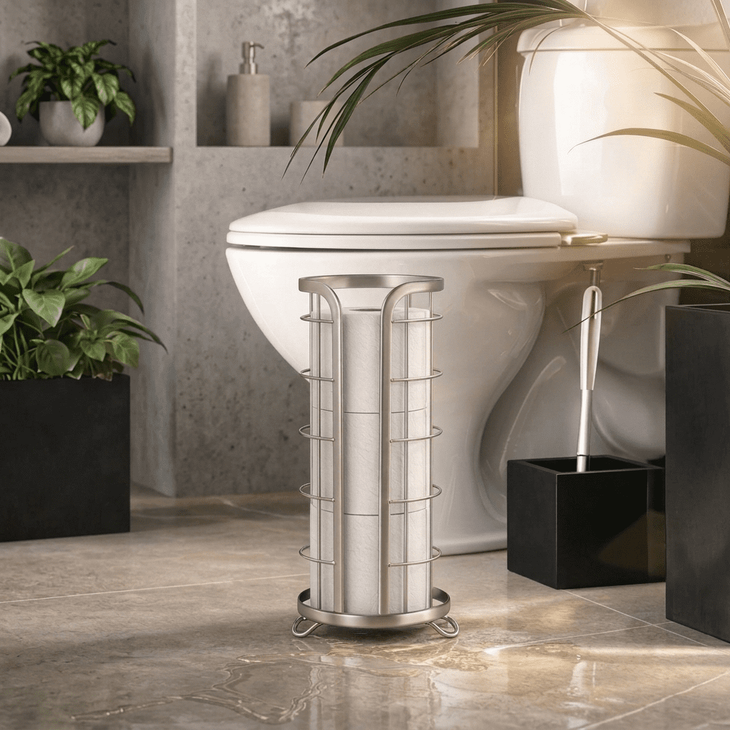Brookstone Toilet Paper Holder Stand,  Bathroom Freestanding  Storage for Tissue Rolls, Nickel