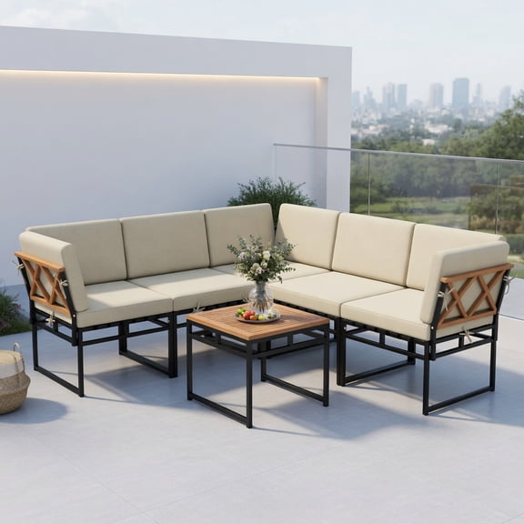 Resenkos 6-Piece Outdoor Sectional Sofa Set with Beige Cushions – Metal & Acacia Wood Conversation Set for Patio, Backyard, Poolside (Loveseat, Corner & Armless Sofas Coffee Table)