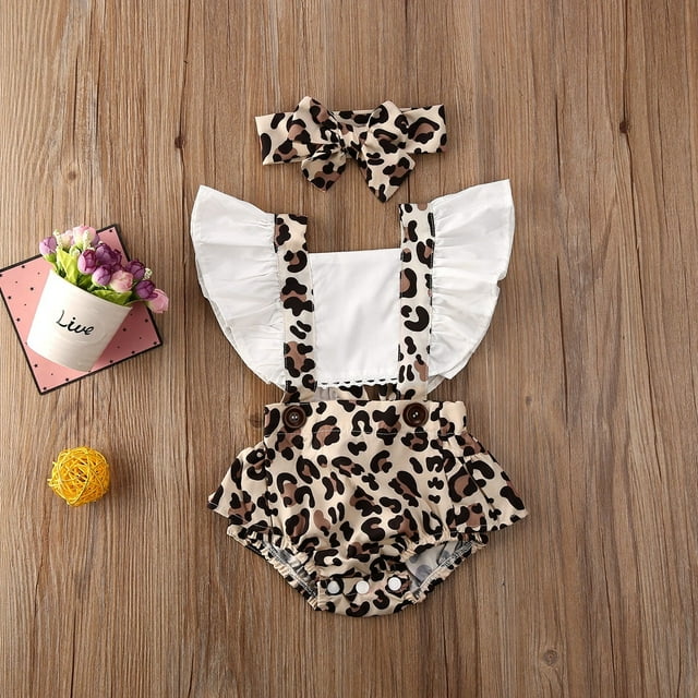 Newborn Baby Girls Leopard Ruffles Romper Bodysuit Jumpsuit + Headband Clothes Outfits Set 0-24M