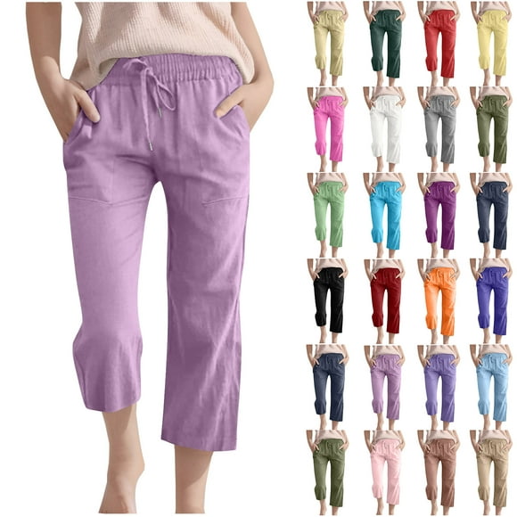 lcziwo Filles Été Coton Lin Capris Décontractés Cordon Taille Élastique Jambe Droite Pantalons Raccourcis Vacances Confortables Plage Pantalons Capri Gris 160 Offres du Jour en Liquidation