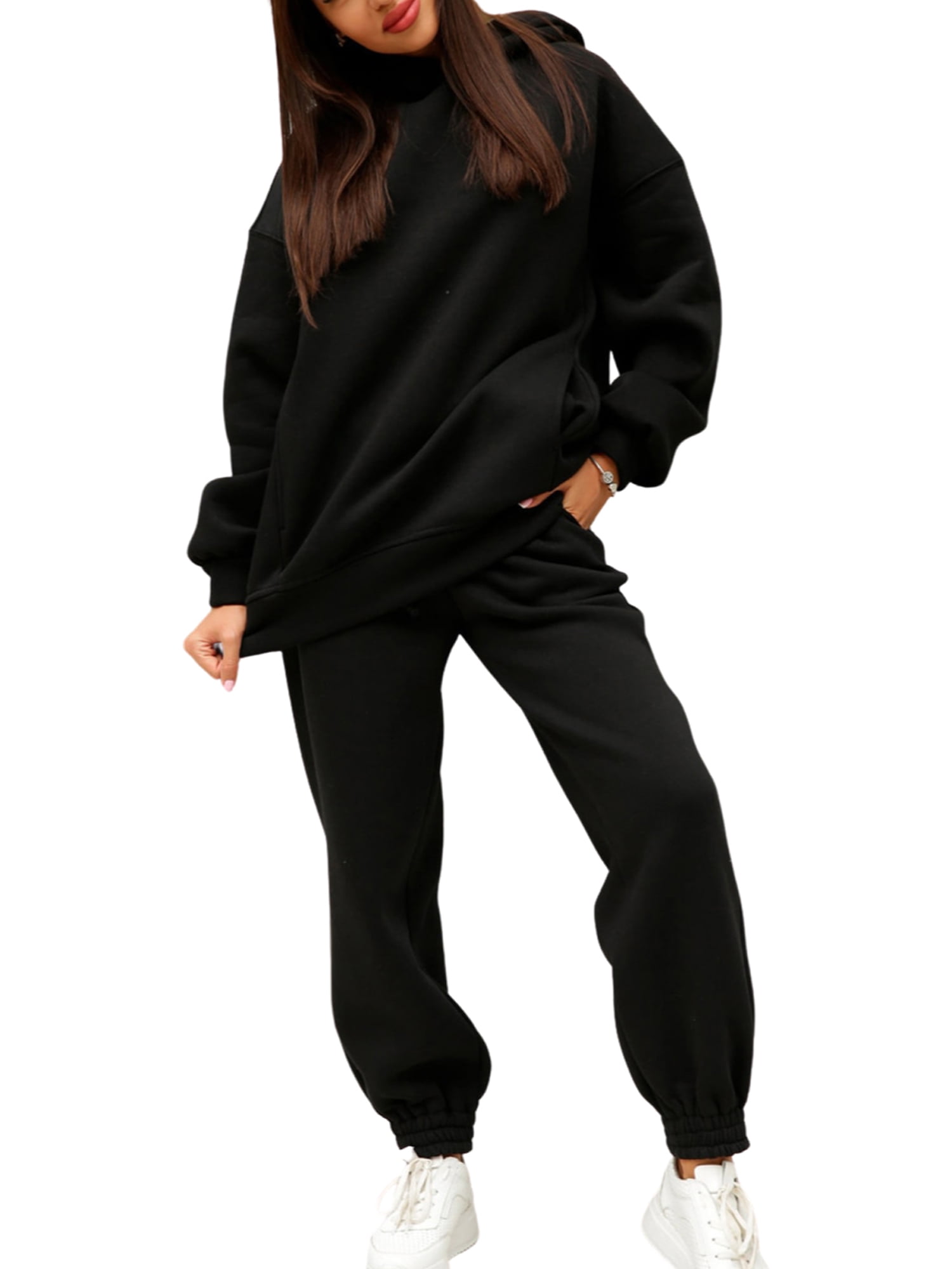 Women's Solid 2 Piece Long Sleeve Pockets Hoodie Pullover and Long Sweatpants Jogger Sweatsuit Tracksuit