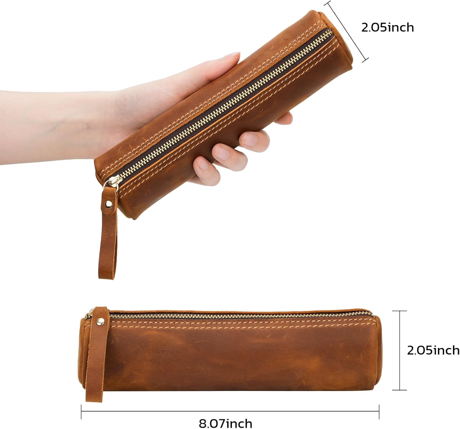 ABPETE Small Pencil Pouch-Genuine Full-Grain Leather Pencil Case for Men- Vintage Leather Pouch for Adults-Stationery Organizer Bag for Work & Travel-Cylinder-Brown
