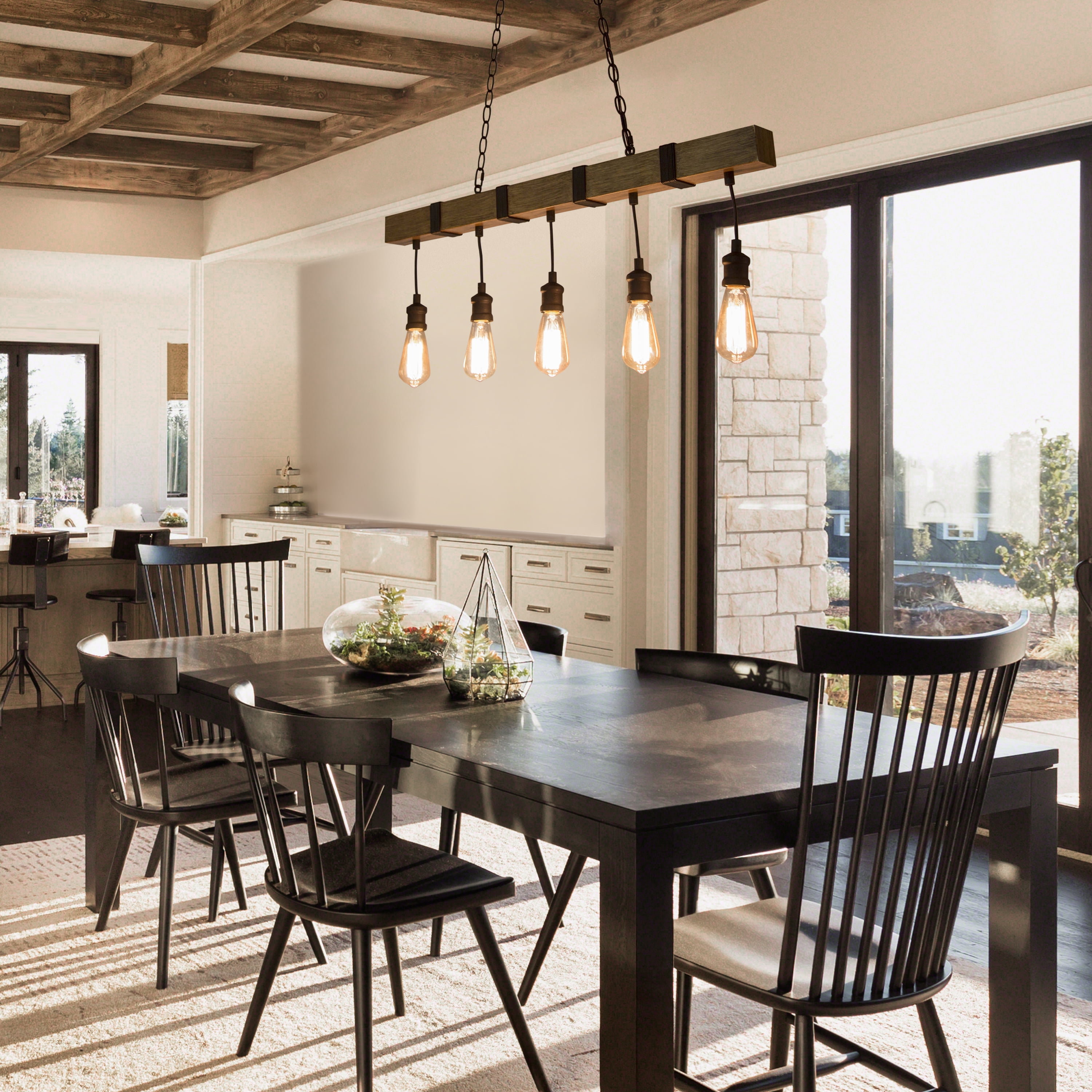 LNC 5-Light Brown Wood and Black Bare Bulb LED Farmhouse Linear Chandelier