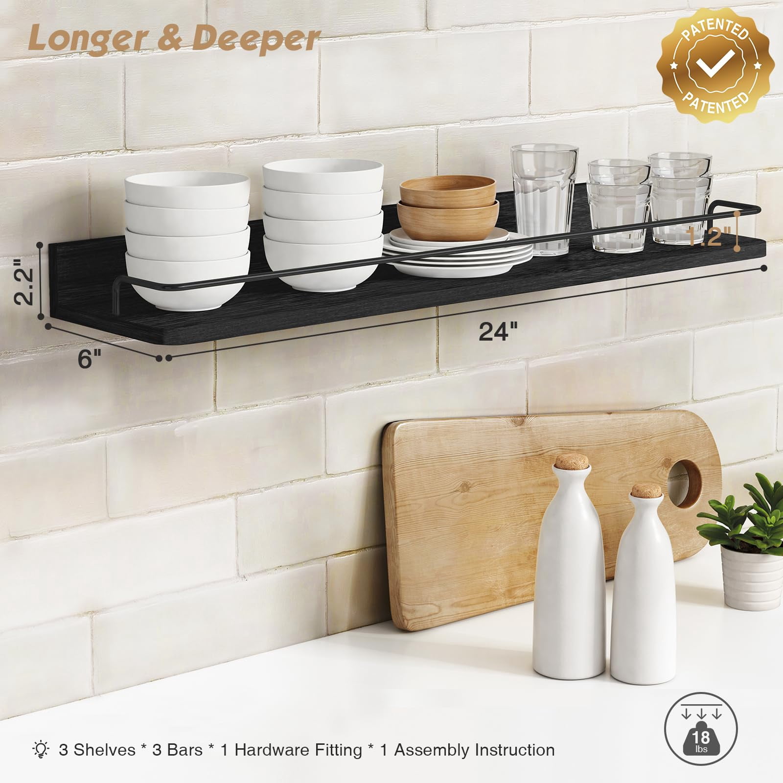 Forbena Gold Floating Shelves for Wall Decor Set of 3, Bathroom Shelves Over Toilet, Modern Display Wall Shelf with Guard Rail for Living Room Bedroom Organizers and Storage - White and Gold