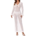 thumbnail image 2 of INSPIRAR CHIC Vestido de baño de manga larga con escote en V y huecos, cubre baño de ganchillo maxi, M Blanco, 2 of 6
