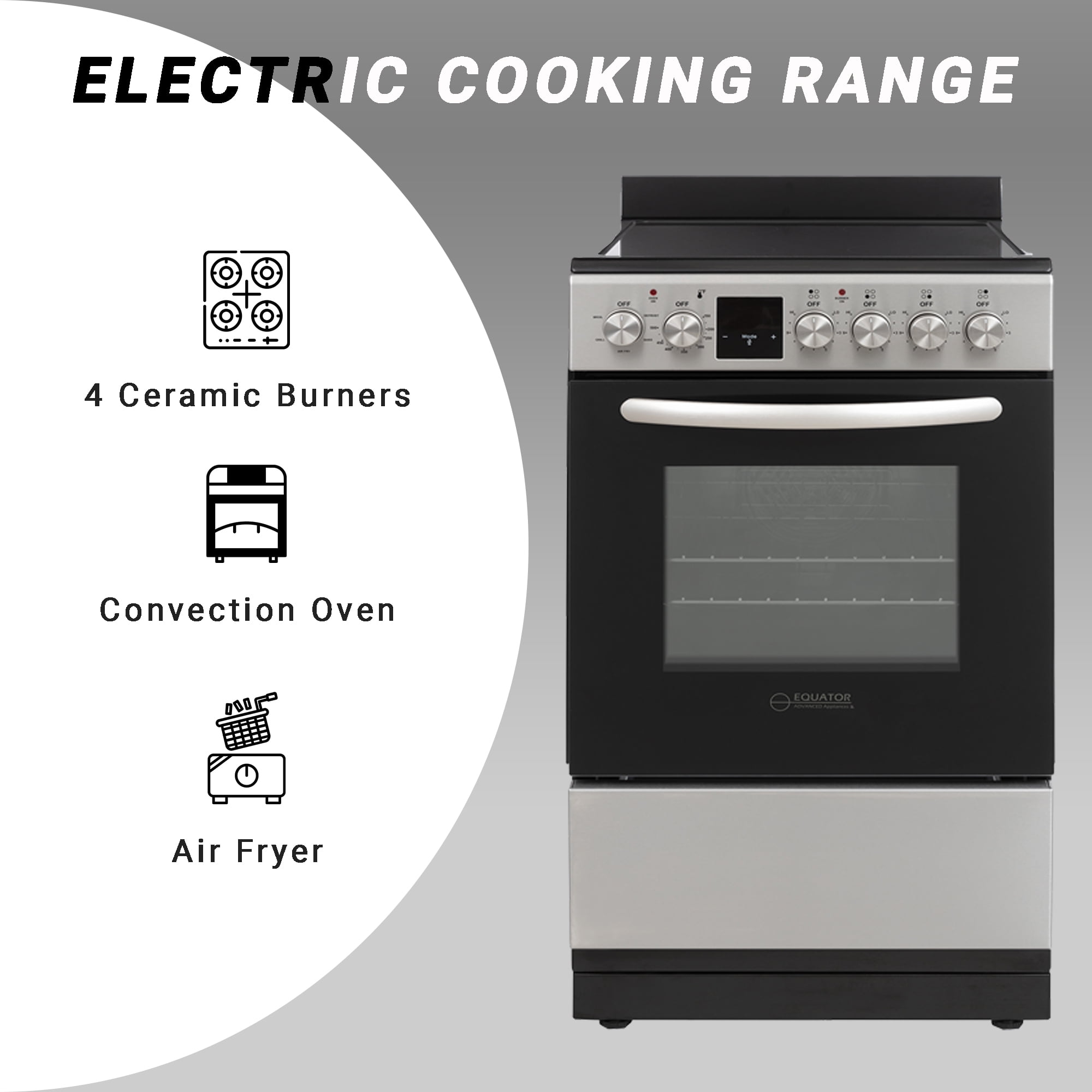 Equator 20" Electric Cooking Range 4 Ceramic Burner CONVECTION OVEN+AIR FRYER SS