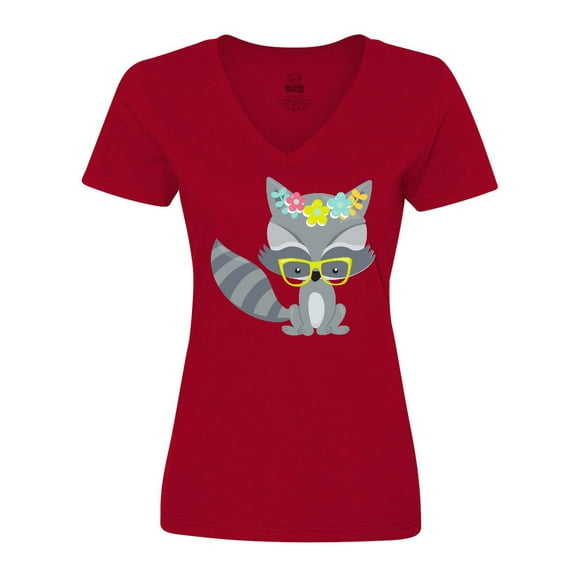 Inktastic Hipster Raccoon, Raccoon With Glasses, Flowers Women's V-Neck T-Shirt