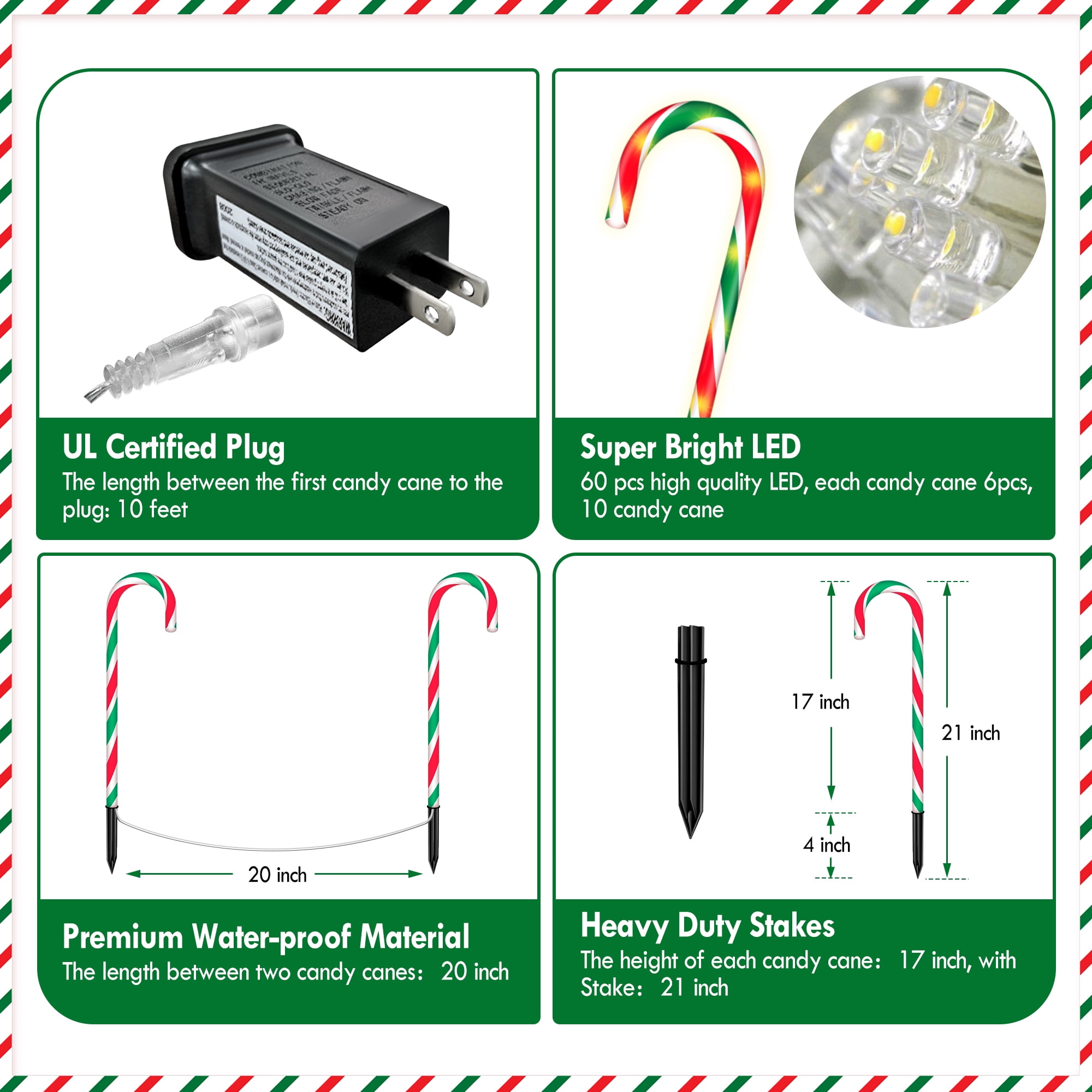 Christmas Candy Cane Lights 21” 10 Pack 8 Lighting Modes Flickering Candy Cane Pathway Marker Outdoor Indoor Waterproof UL Listed Christmas Lighting Decoration Light