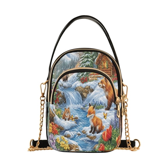 YAZAOO Cross Body Fashion Shoulder Waist Purse Bags Winter Scene with Animals Cabin Pocket Handbags