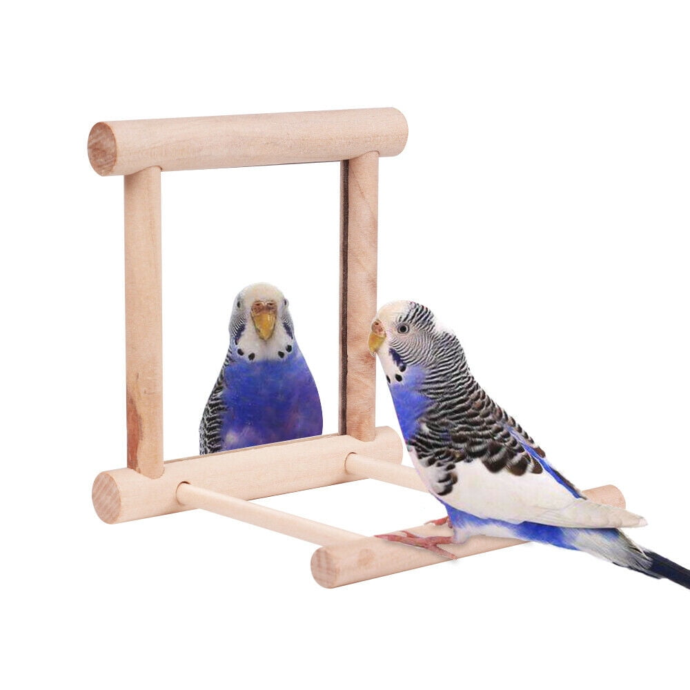 Bird Mirror Perch Stand Platform Wooden Bird Toys for Budgie Parakeet 