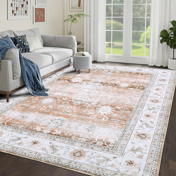 Haperlare 3x5 Vintage Printed Area Rug Boho Rug, Machine Washable Non Slip Rug Low Pile Indoor Floor Carpet for Living Room Bedrooms Home Decor, Light Brown