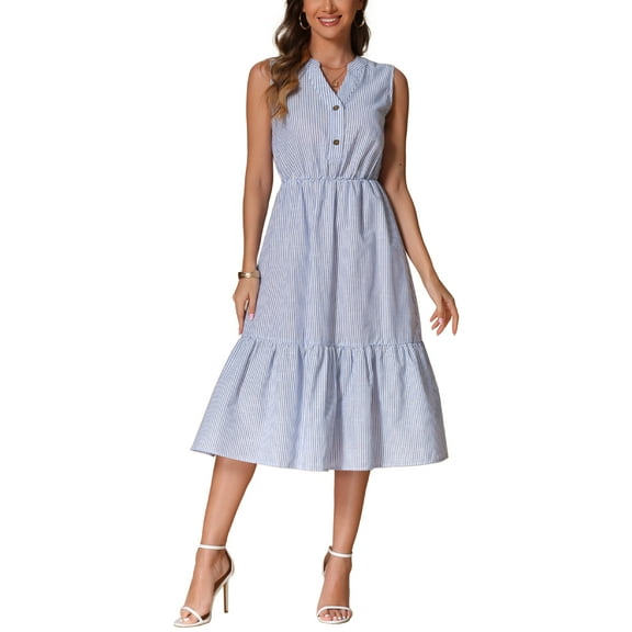 INSPIRE CHIC Women's Summer V Neck Button Down Sleeveless Pleated Ruffle Striped Midi Shirt Dress XS Blue