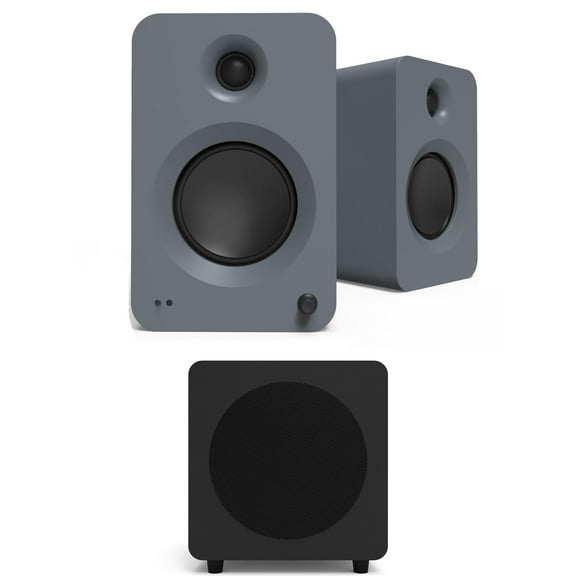 Kanto REN GREY Bluetooth Powered Bookshelf Speakers - Matte Grey Pair with a Kanto SUB8VMB Sealed Powered 8" Subwoofer - Vinyl Black (2024)