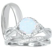 LARASO & CO His Hers TRIO Wedding Set Sterling Silver Wedding Rings White Opal Bridal Set Him Her 5/9