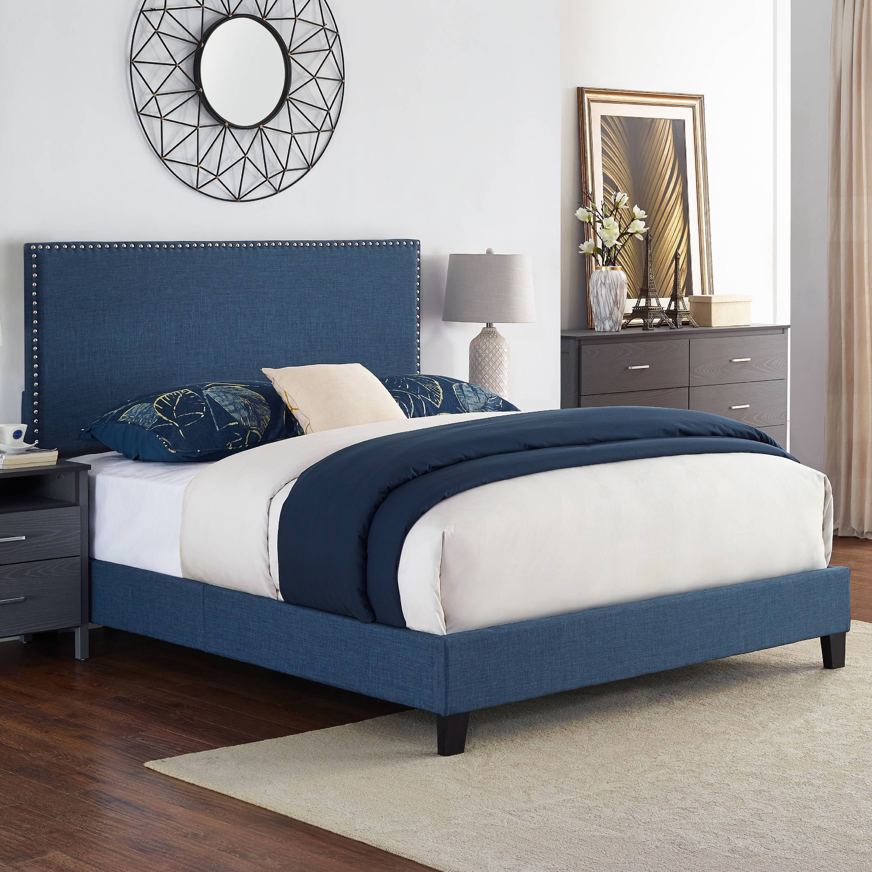 Anna Upholstered Bed with Nail Head Trim, Multiple Sizes and Colors